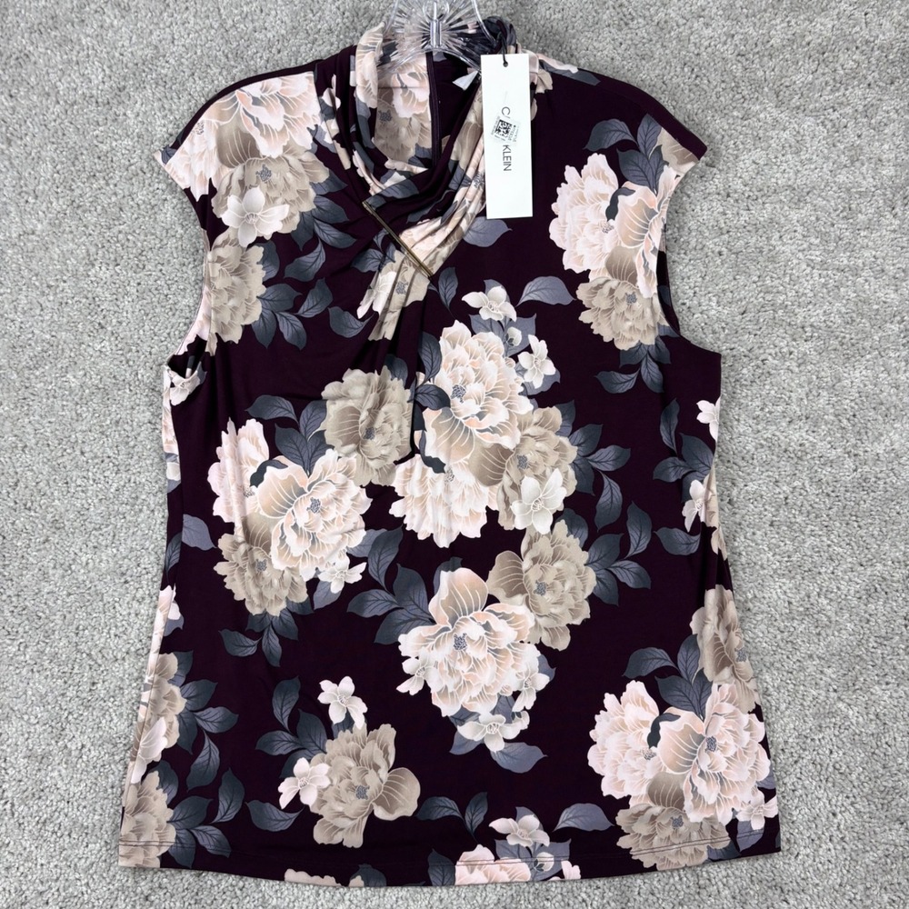 Calvin Klein Modern Essentials Floral Drape Neck Blouse Plum Purple M9MH6833 L